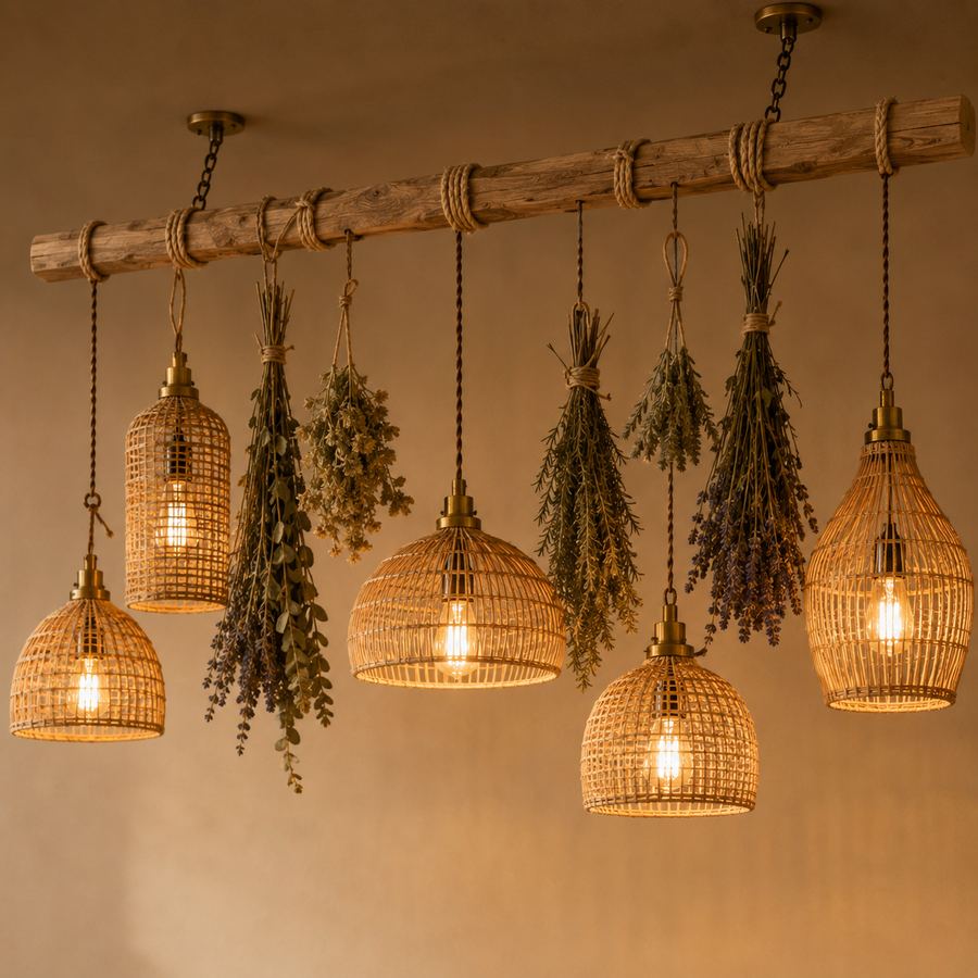 Thanh gỗ treo đèn mây và các bó thảo mộc phơi khô