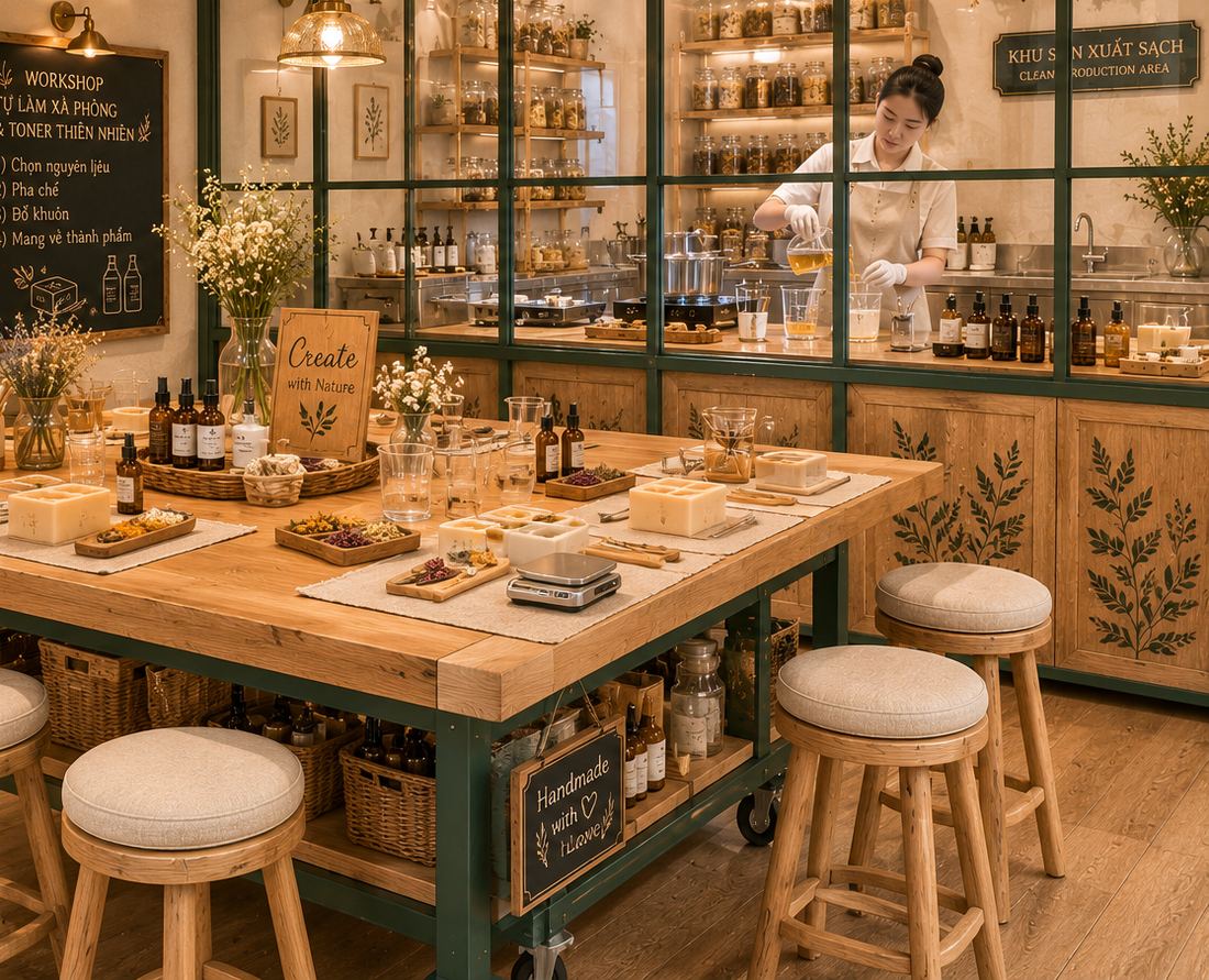 Bàn atelier bằng gỗ với ghế đôn, khuôn xà phòng và chai tinh dầu