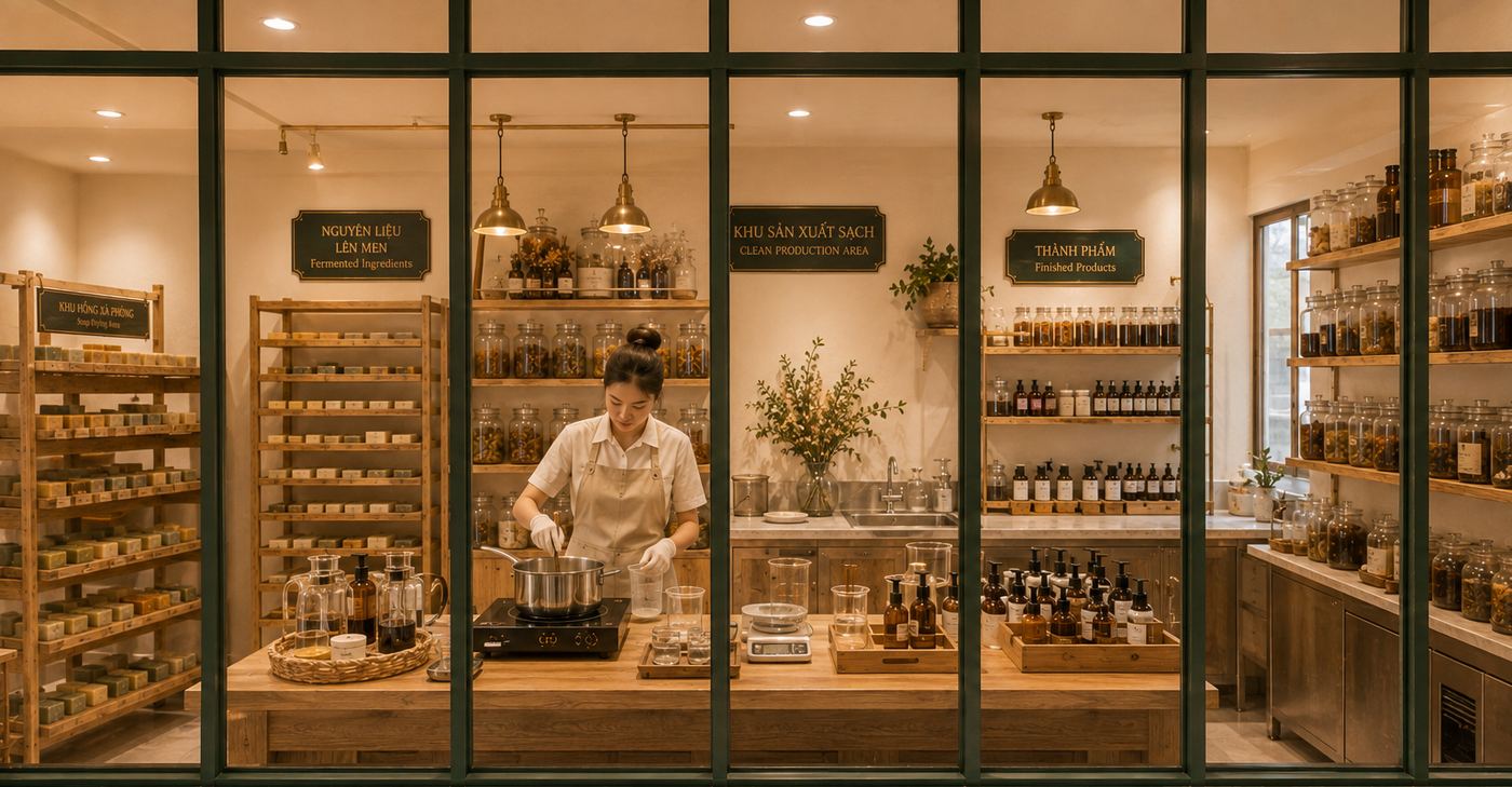 Người thợ khuấy nồi giữa những kệ hũ thuỷ tinh và chai nâu